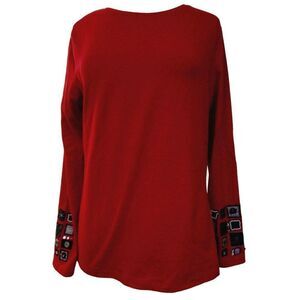 Coldwater Creek Red Cotton Stretch Pullover Top Embellished Long Sleeves Sz M